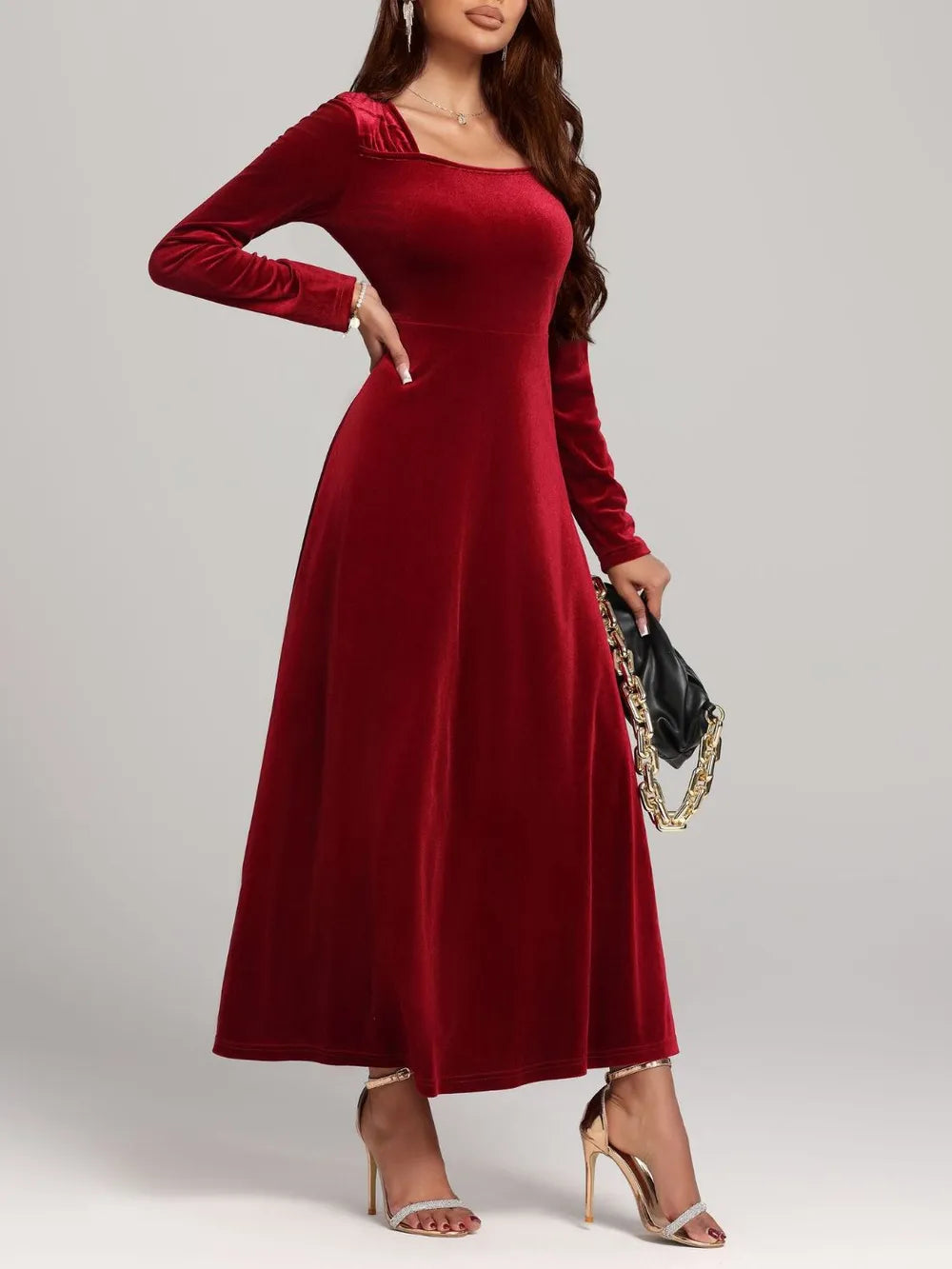 Square Neck Long Sleeve Velvet Dress - LaTezza Online Shop