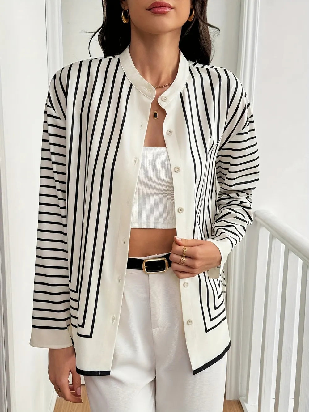 Striped Mock Neck Long Sleeve Shirt - LaTezza Online Shop