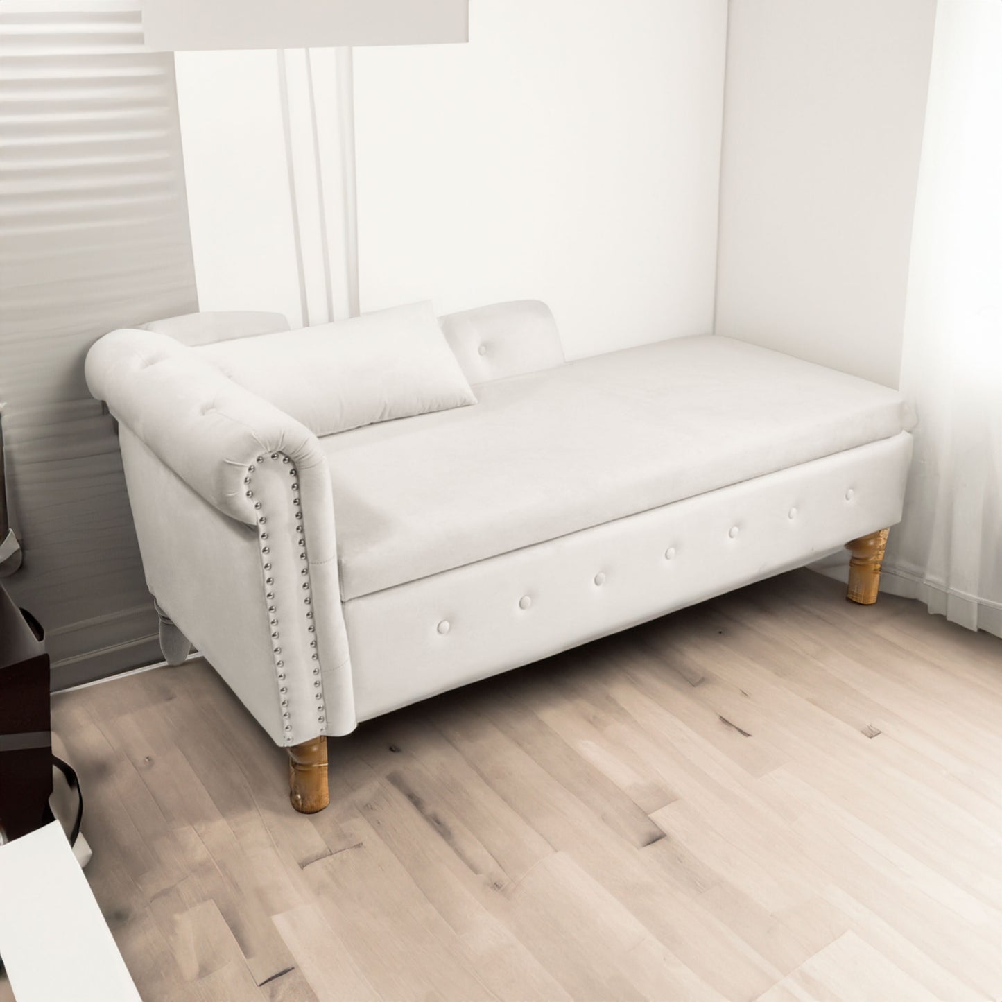 Beige Chaise Lounge Indoor Velvet Lounge Chair for Bedroom with Storage & Pillow Modern Upholstered Rolled Arm Chase Lounge - LaTezza Online Shop