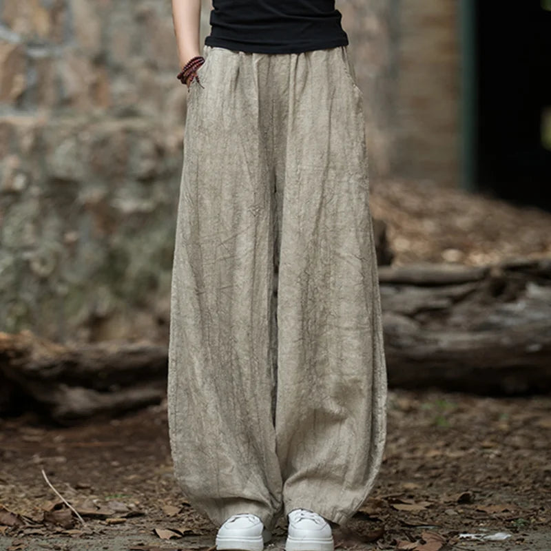 Elegant Women's Cotton Linen Baggy Cargo Pants Vintage Elastic Waist Yoga Trousers Loose Casual Long Wide Leg Oversize Clothes - LaTezza Online Shop