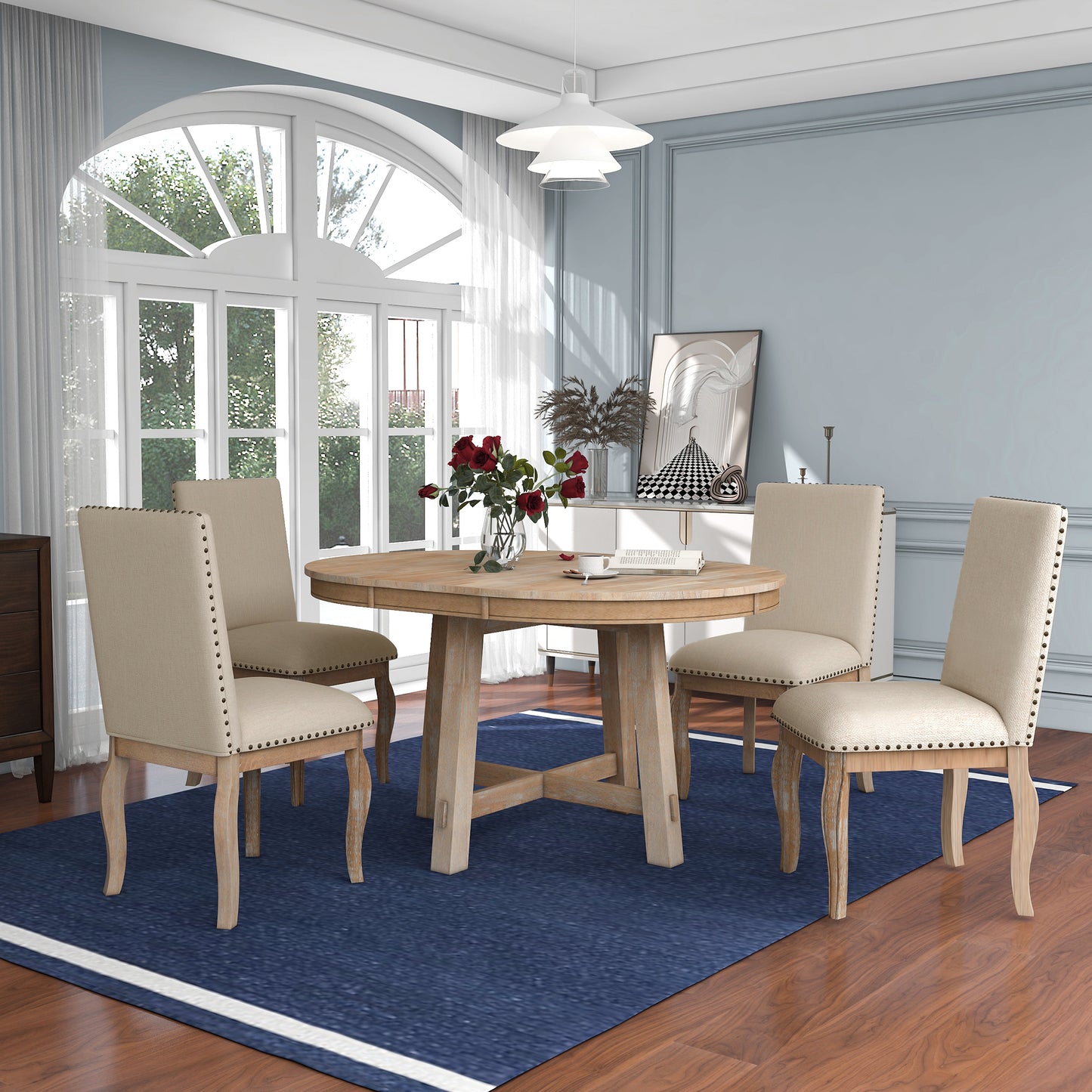 TREXM 5-Piece Farmhouse Dining Table Set Wood Round Extendable Dining Table and 4 Upholstered Dining Chairs (Natural Wood Wash) - LaTezza Online Shop