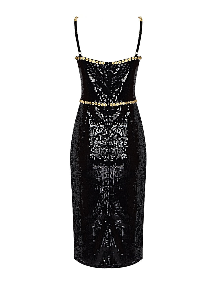 Black Evening Dinner Dress Women Elegant Square Collar Crystal Sequins Spaghetti Strap Dresses - LaTezza Online Shop
