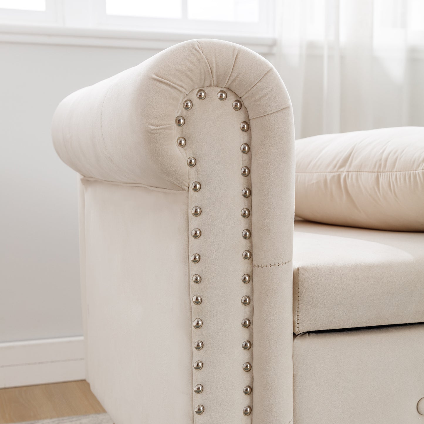 Beige Chaise Lounge Indoor Velvet Lounge Chair for Bedroom with Storage & Pillow Modern Upholstered Rolled Arm Chase Lounge - LaTezza Online Shop