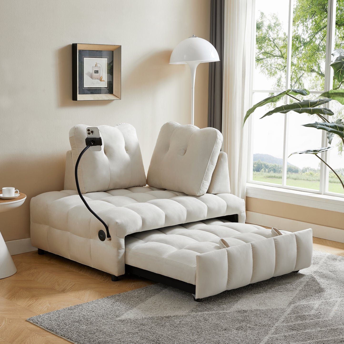 Modern sofa velvet pull-out bed,Independently removable backrest, have USB port and swivel phone stand ,beige - LaTezza Online Shop