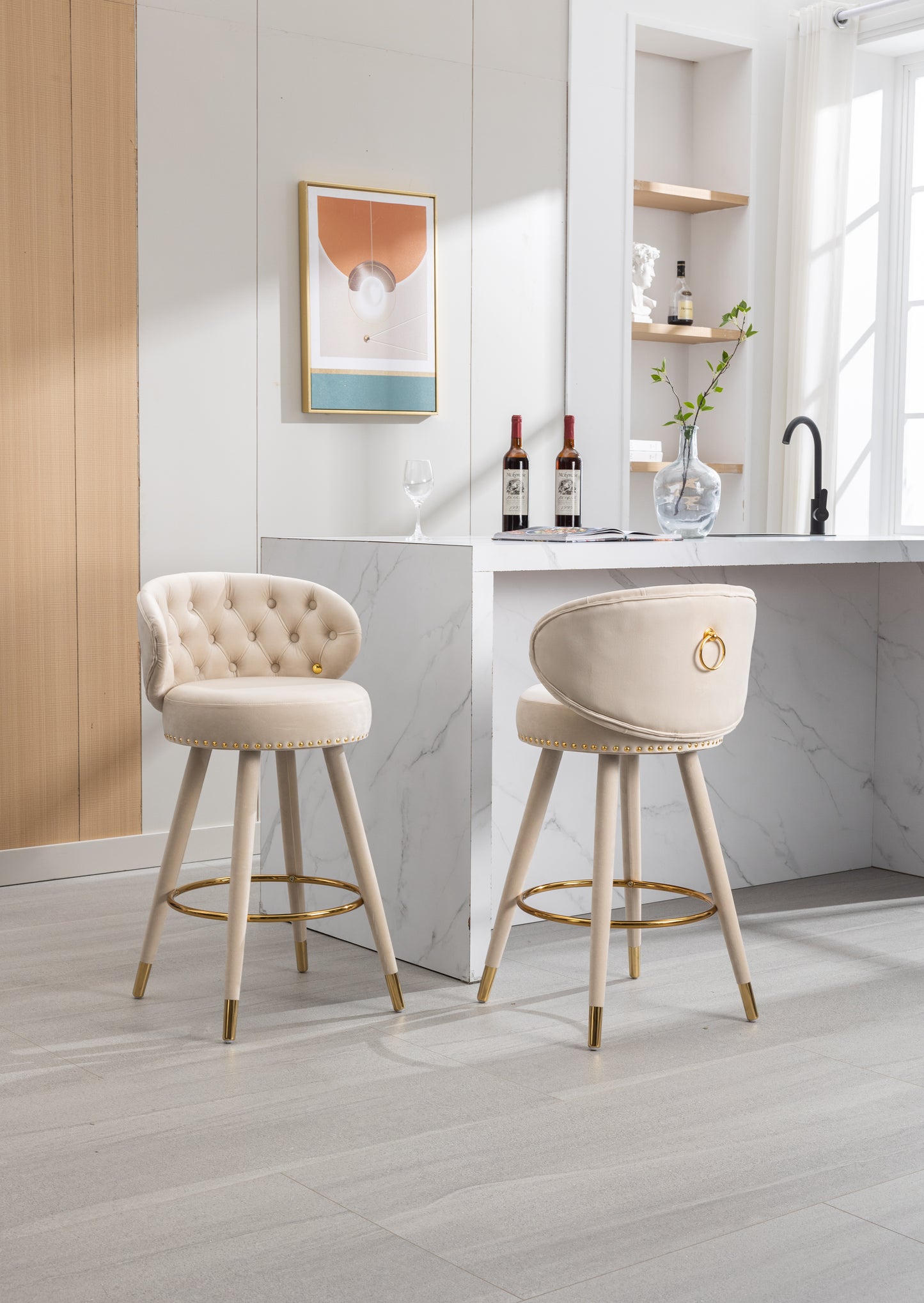 COOLMORE Counter Height Bar Stools Set of 2 for Kitchen Counter Solid Wood Legs with a fixed height of 360 degrees Beige - LaTezza Online Shop