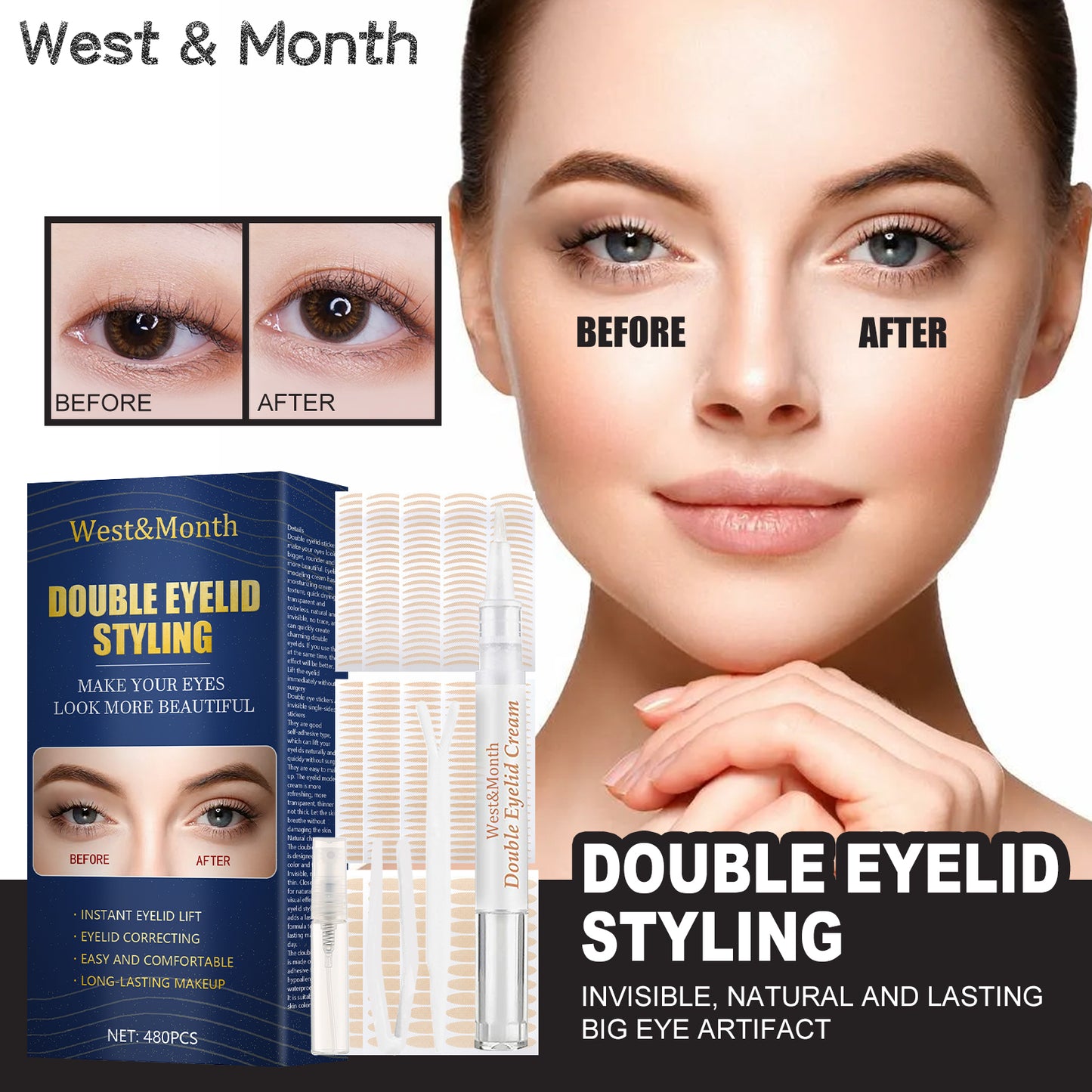 West&Month Double Eyelid Styling, Invisible Glue-free Natural Mesh Is Sticky When It Meets Water Lace Olive Type - LaTezza Online Shop