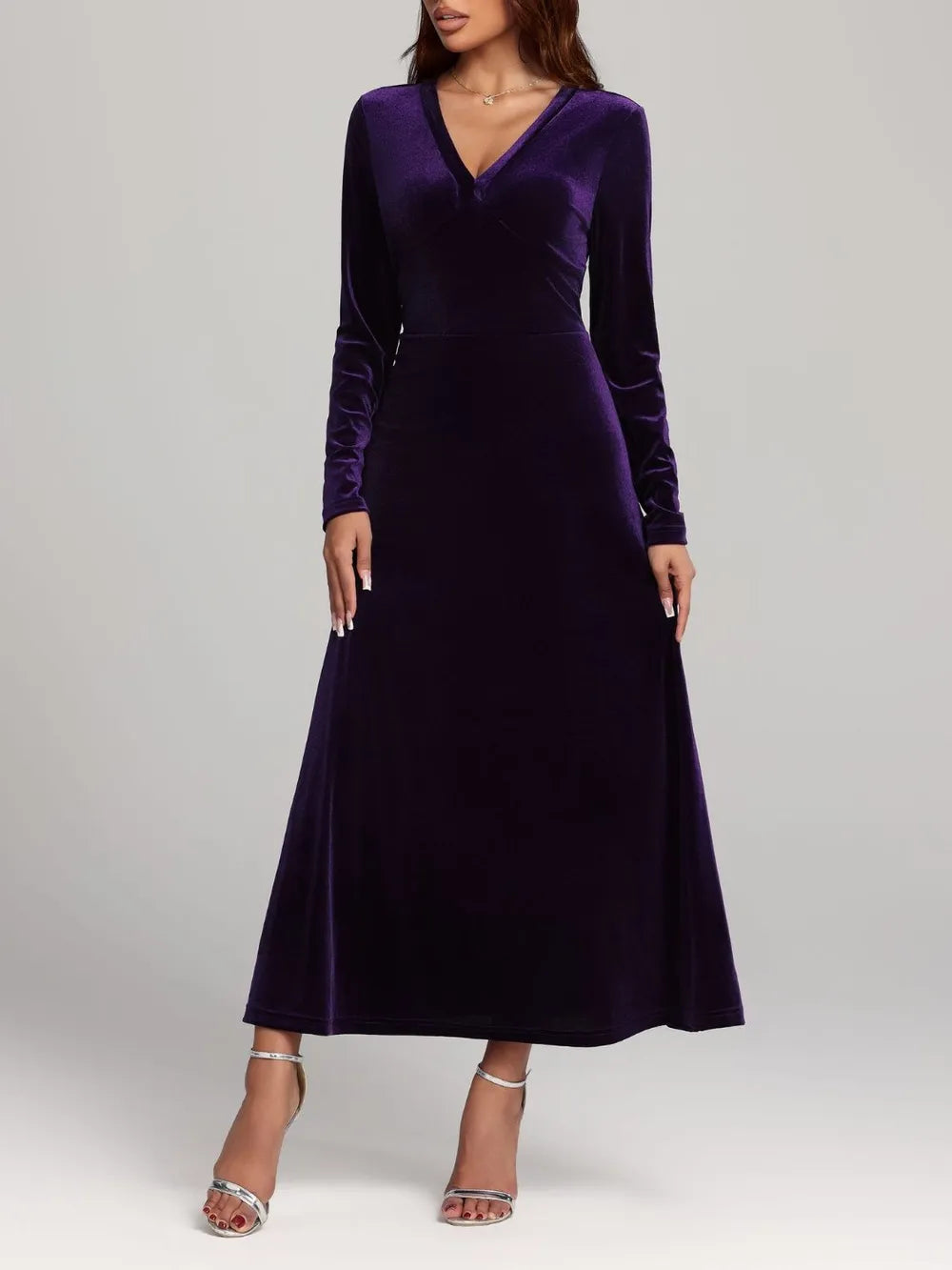 V-Neck Long Sleeve Velvet Dress - LaTezza Online Shop