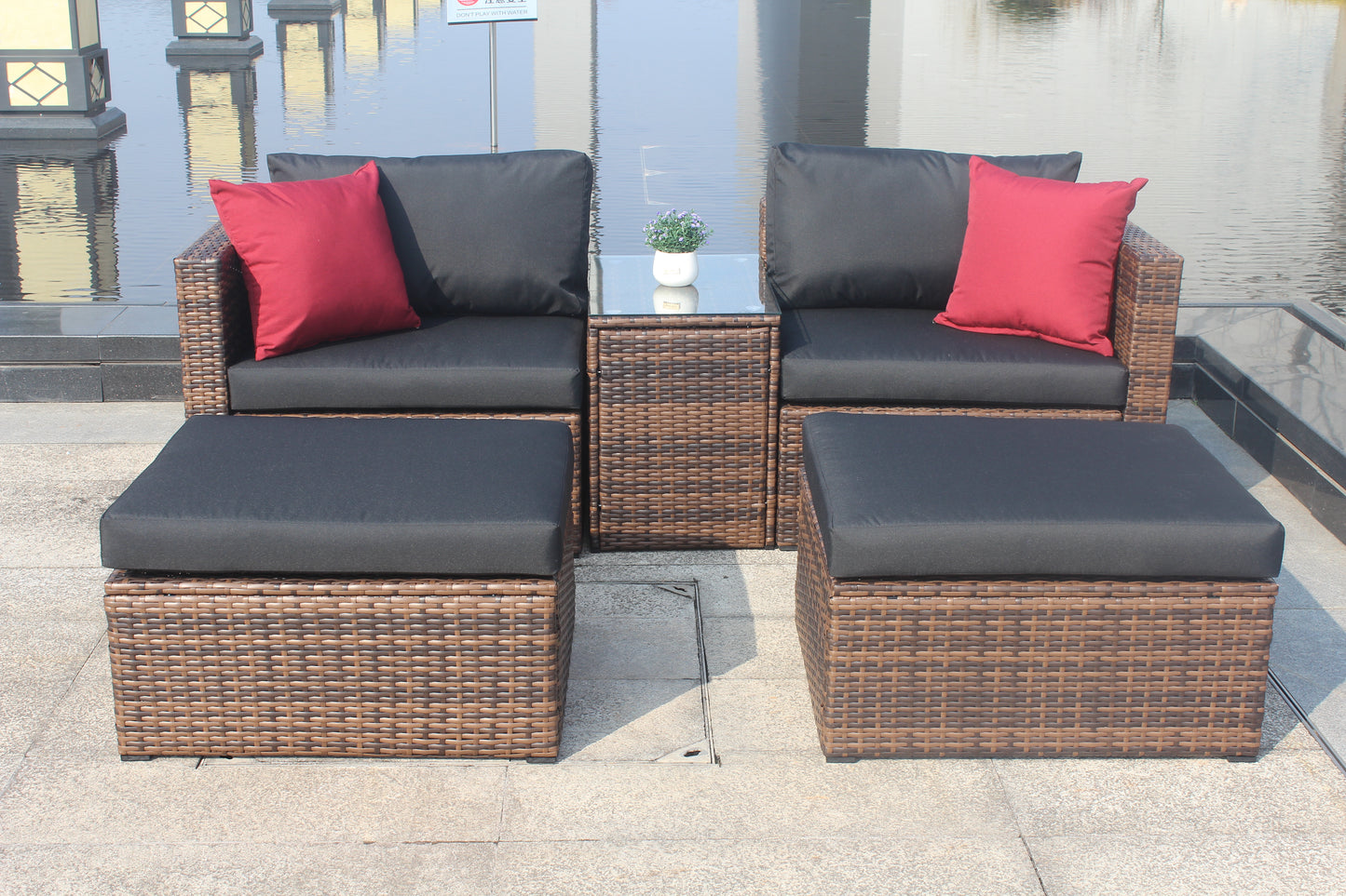 5 Pieces Outdoor Patio Garden Brown Wicker Sectional Sofa Set - LaTezza Online Shop