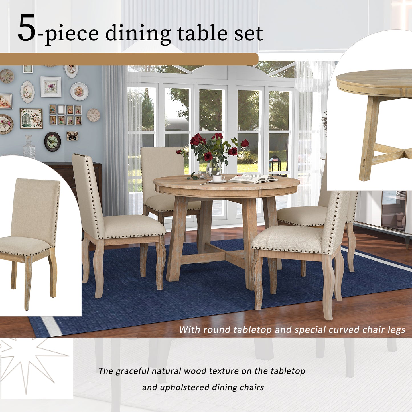 TREXM 5-Piece Farmhouse Dining Table Set Wood Round Extendable Dining Table and 4 Upholstered Dining Chairs (Natural Wood Wash) - LaTezza Online Shop