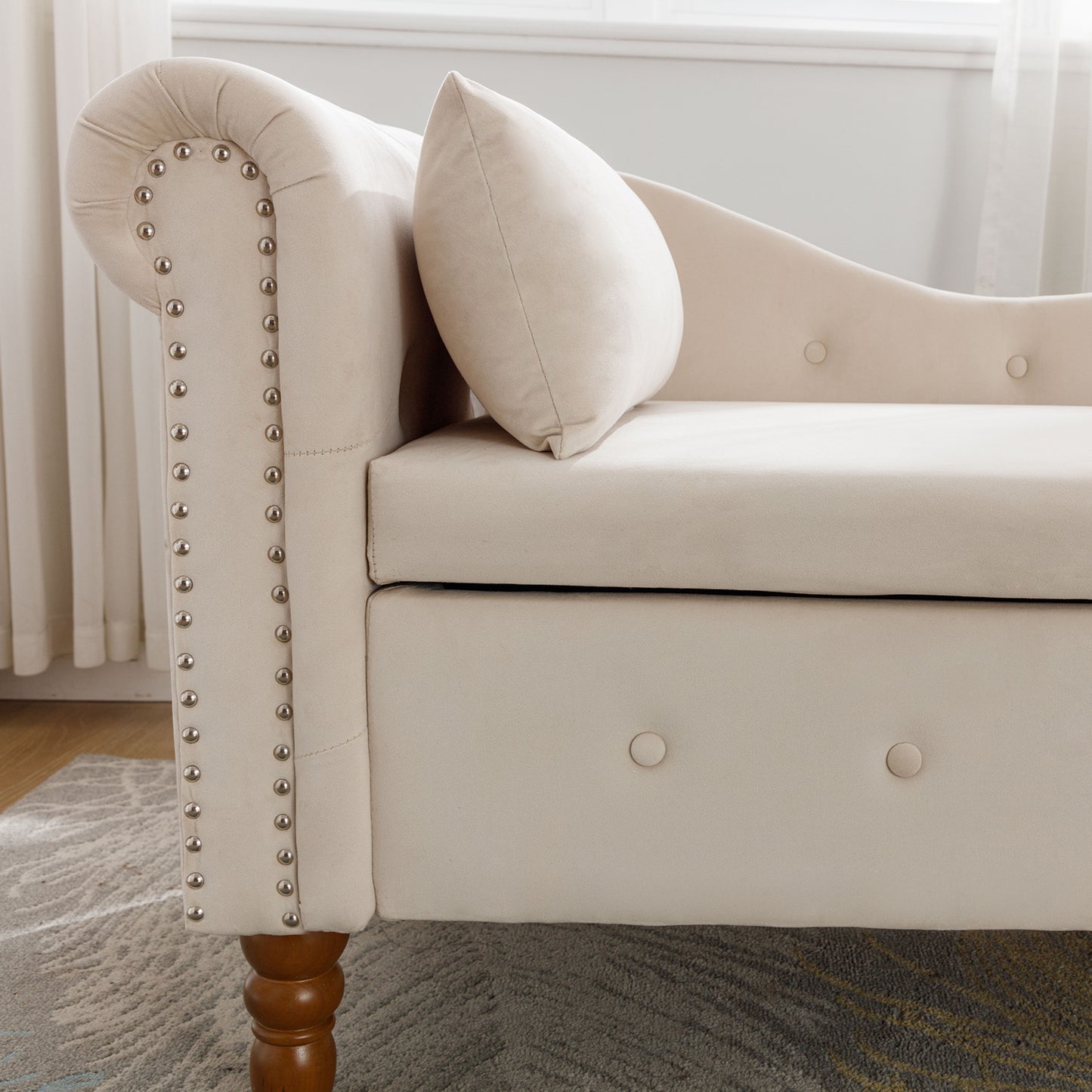 Beige Chaise Lounge Indoor Velvet Lounge Chair for Bedroom with Storage & Pillow Modern Upholstered Rolled Arm Chase Lounge - LaTezza Online Shop