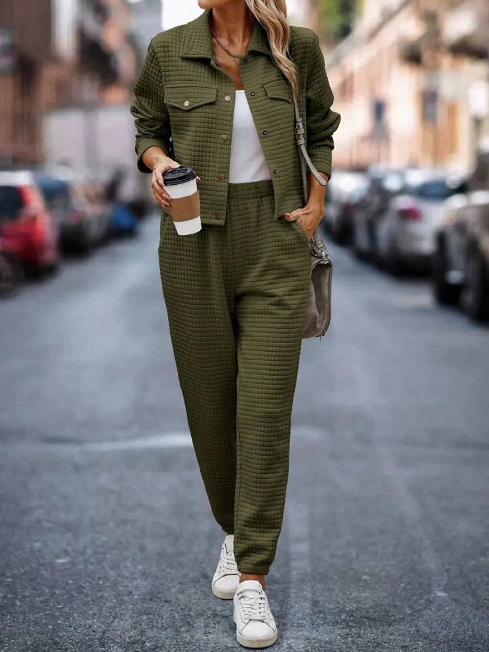 Plaid Texture Snap Down Top and Pants Set - LaTezza Online Shop