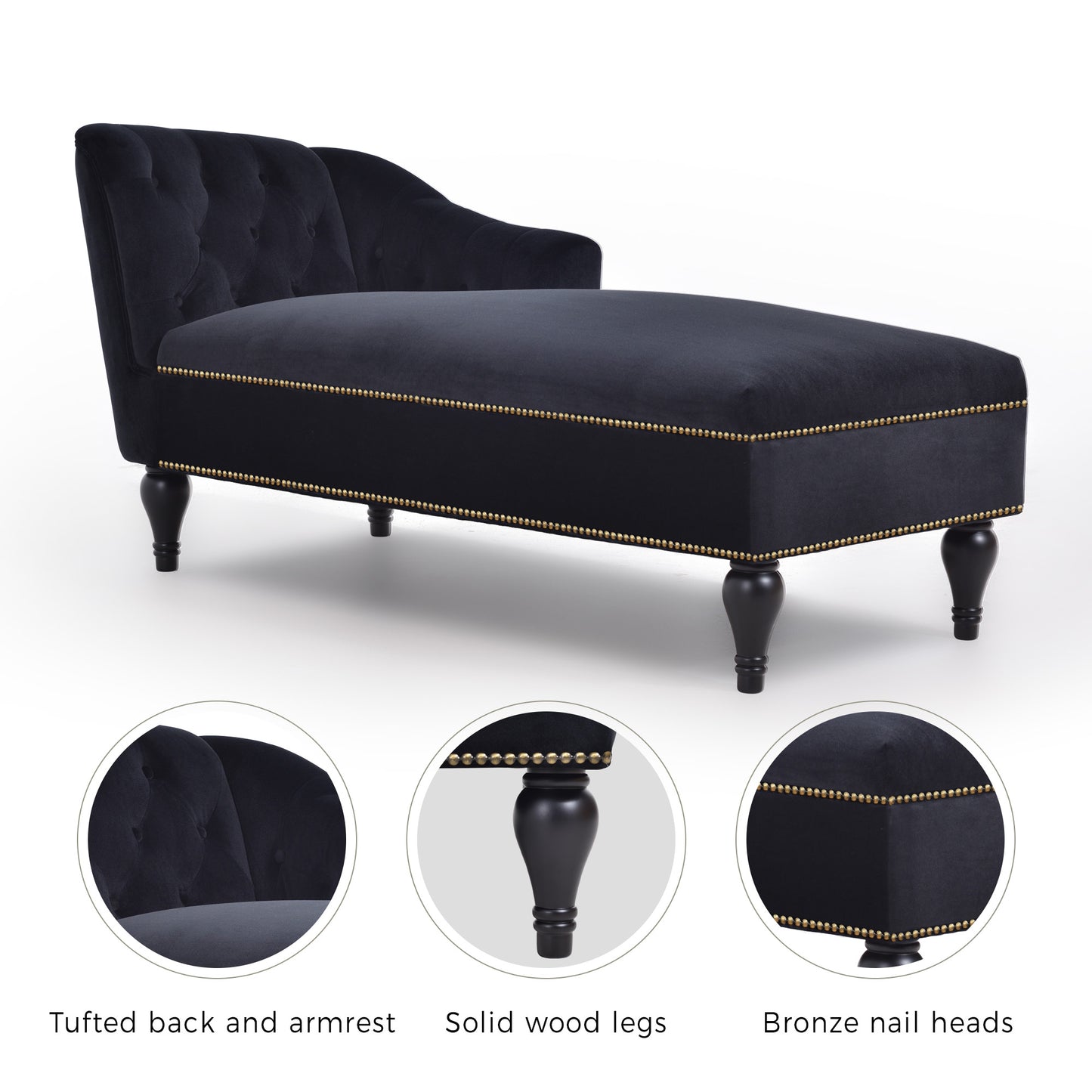 58 inch velvet lounge chair, button cluster right arm lounge chair with nail head decoration and solid wood legs - LaTezza Online Shop