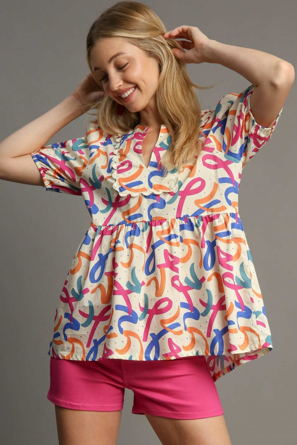 Umgee Full Size Mixed Print Puff Sleeve Babydoll Blouse Plus Size - LaTezza Online Shop