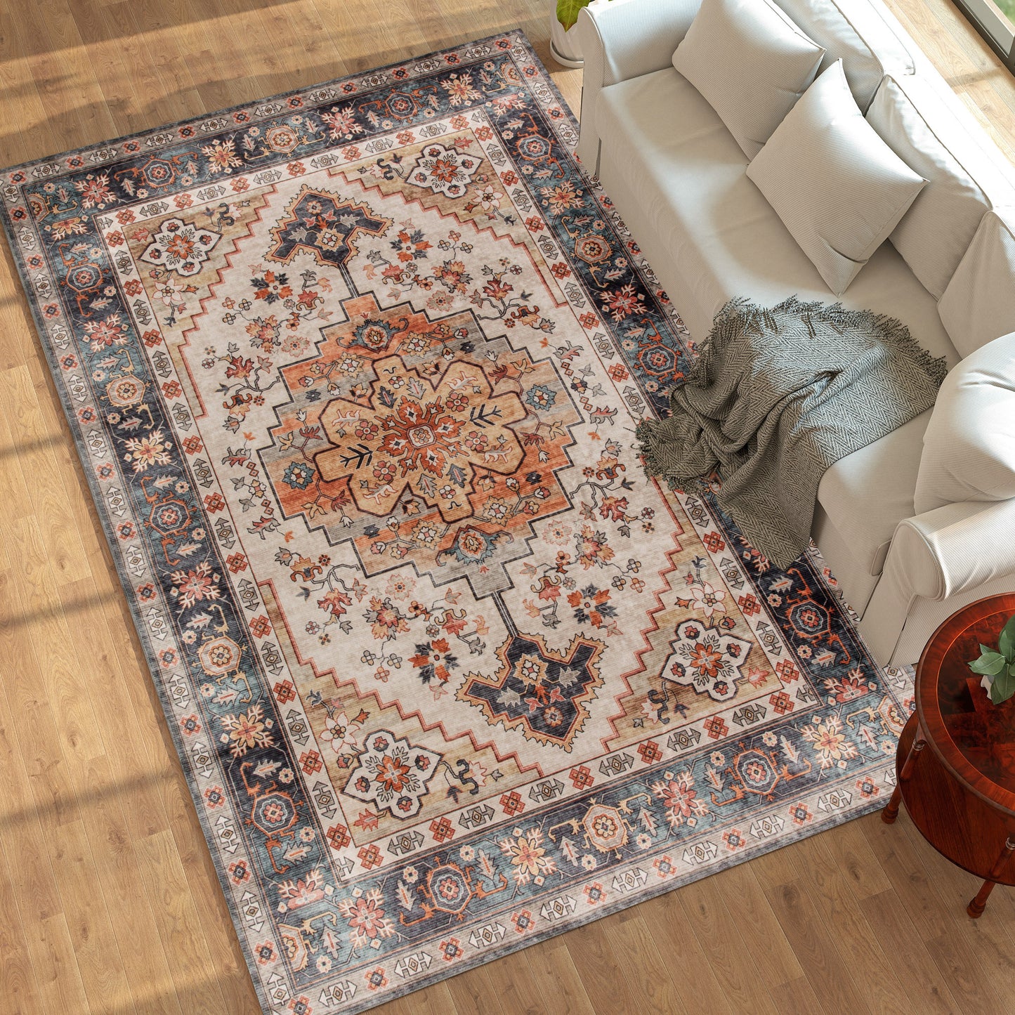 Area Rug 8x10, Machine Washable Rug, Non-Slip Boho Print Pattern Medallion Carpet For Living Room, Bedroom, Tawny Brown