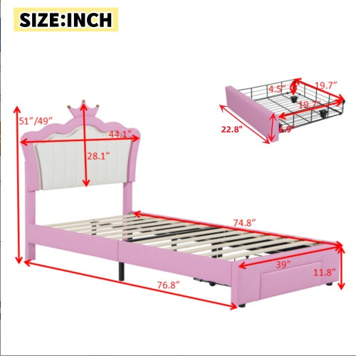 Twin Size Upholstered Bed Frame With LED Lights Modern Princess Bed With Crown Headboard and drawer