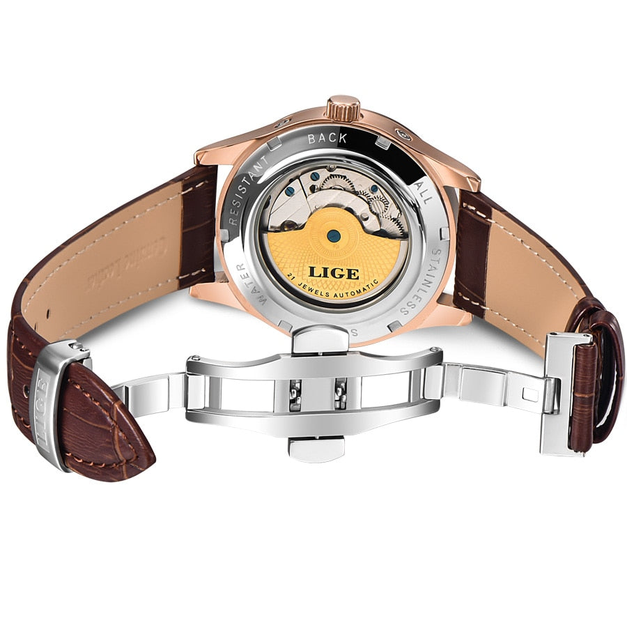 LIGE Brand Men's Watches Automatic Mechanical Tourbillon Leather Band