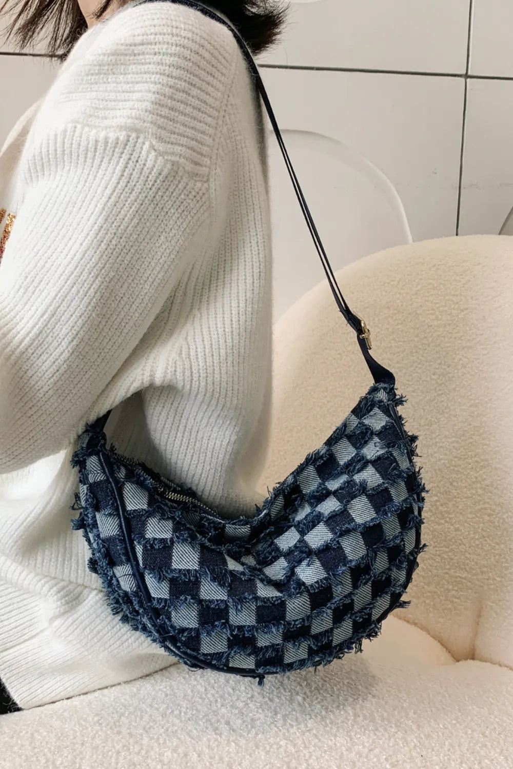 Raw Hem Checkered Denim Crossbody Bag - LaTezza Online Shop