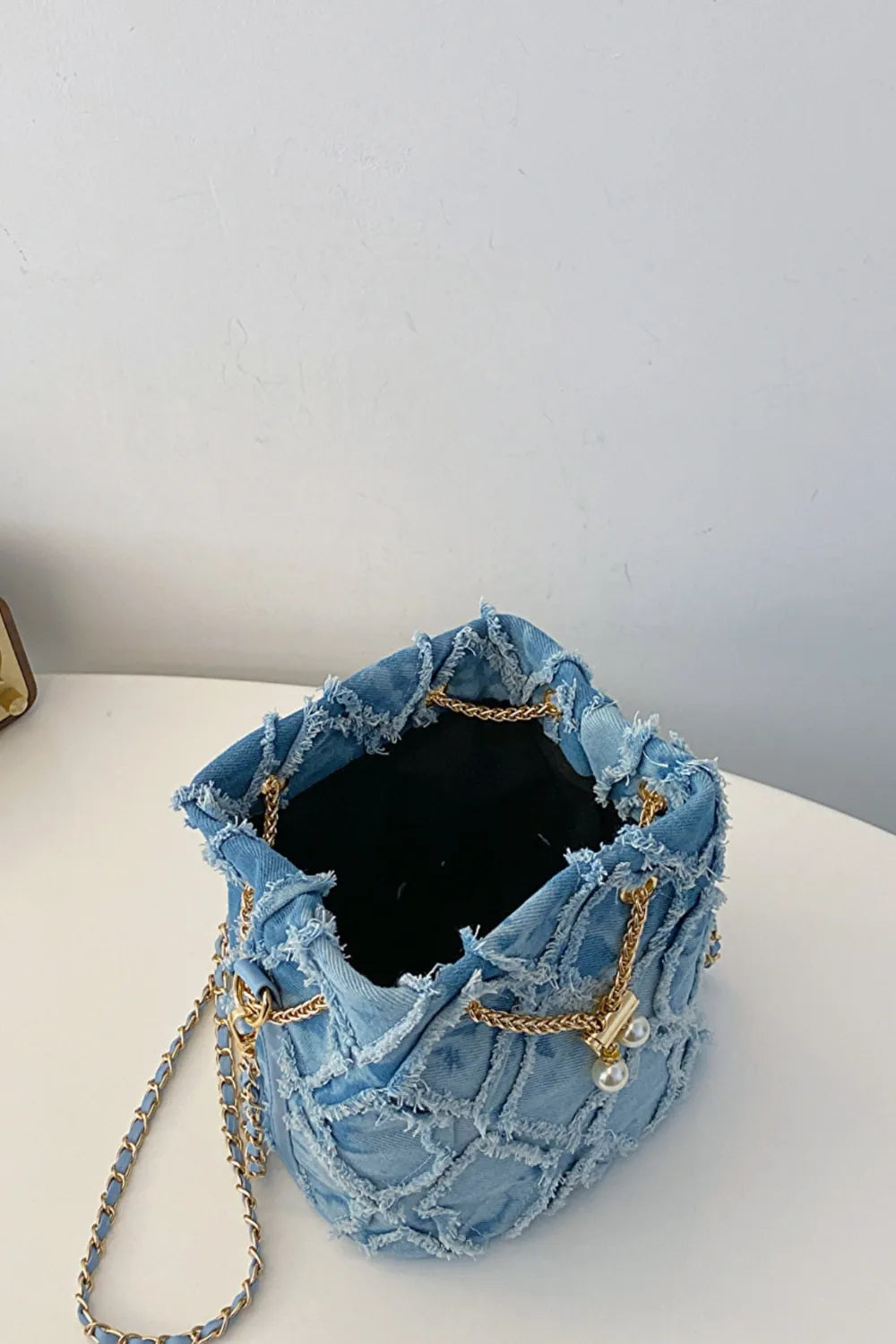 Chain Drawstring Raw Edge Denim Bucket Bag - LaTezza Online Shop