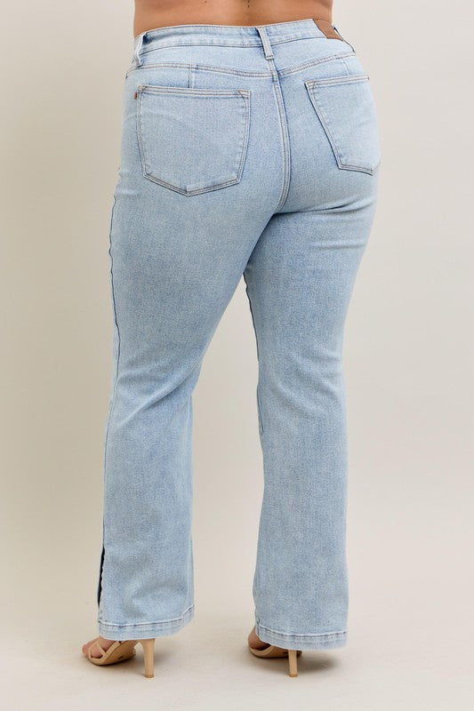 Judy Blue Full Size Tummy Control Vintage Wash Side Slit Slim Boot Jeans Plus Size - LaTezza Online Shop