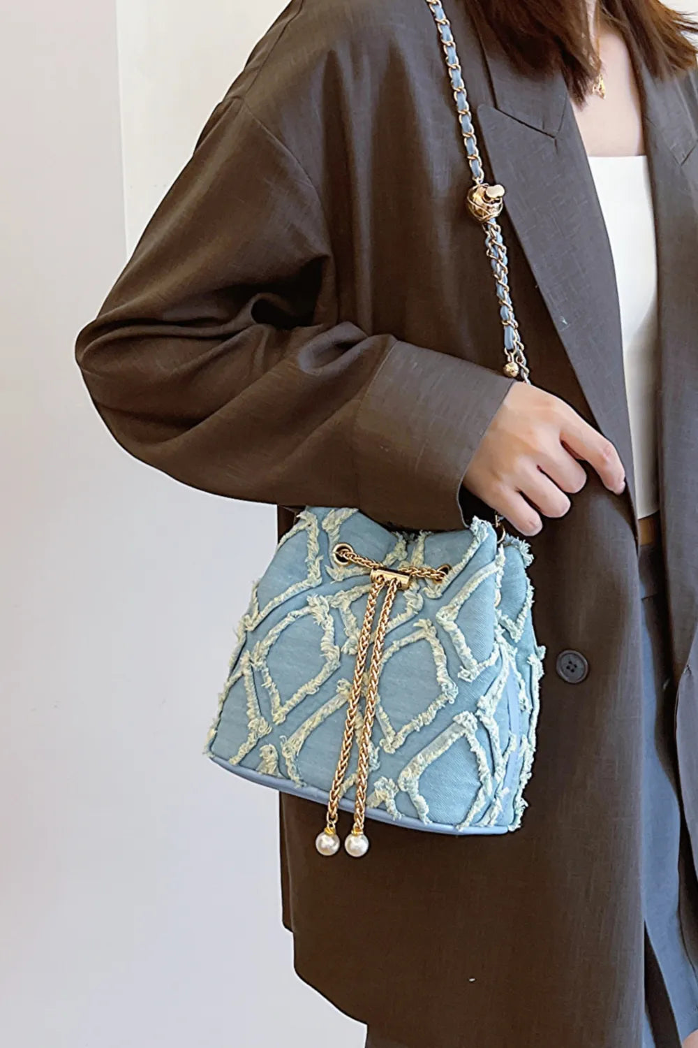 Chain Drawstring Raw Edge Denim Bucket Bag - LaTezza Online Shop