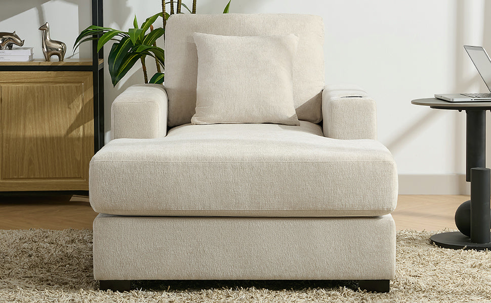 39.7" Oversized Chaise Lounger Modern Style Sofa Couch ,with Pillows, Charge Station & Cup Holders, Chenille Fabric, Cream - LaTezza Online Shop