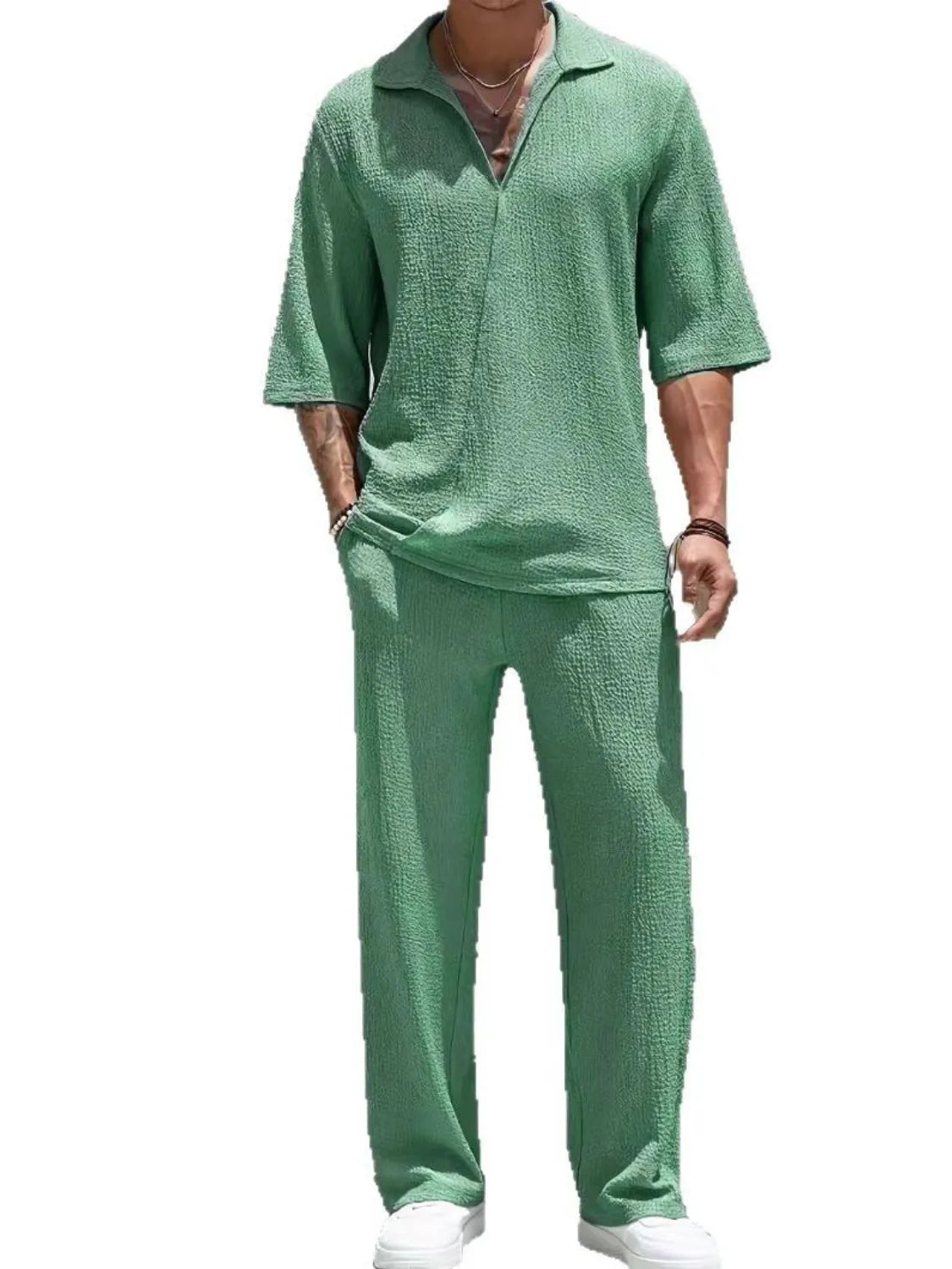 Men's Johnny Collar Half Sleeve Top and Pants Set - LaTezza Online Shop