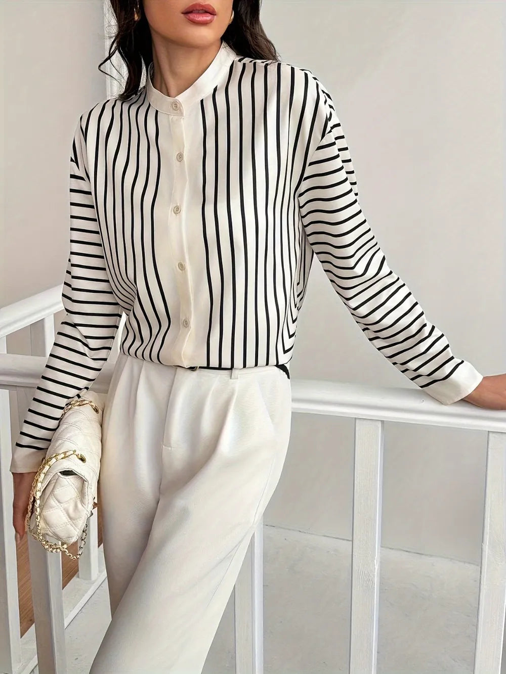 Striped Mock Neck Long Sleeve Shirt - LaTezza Online Shop