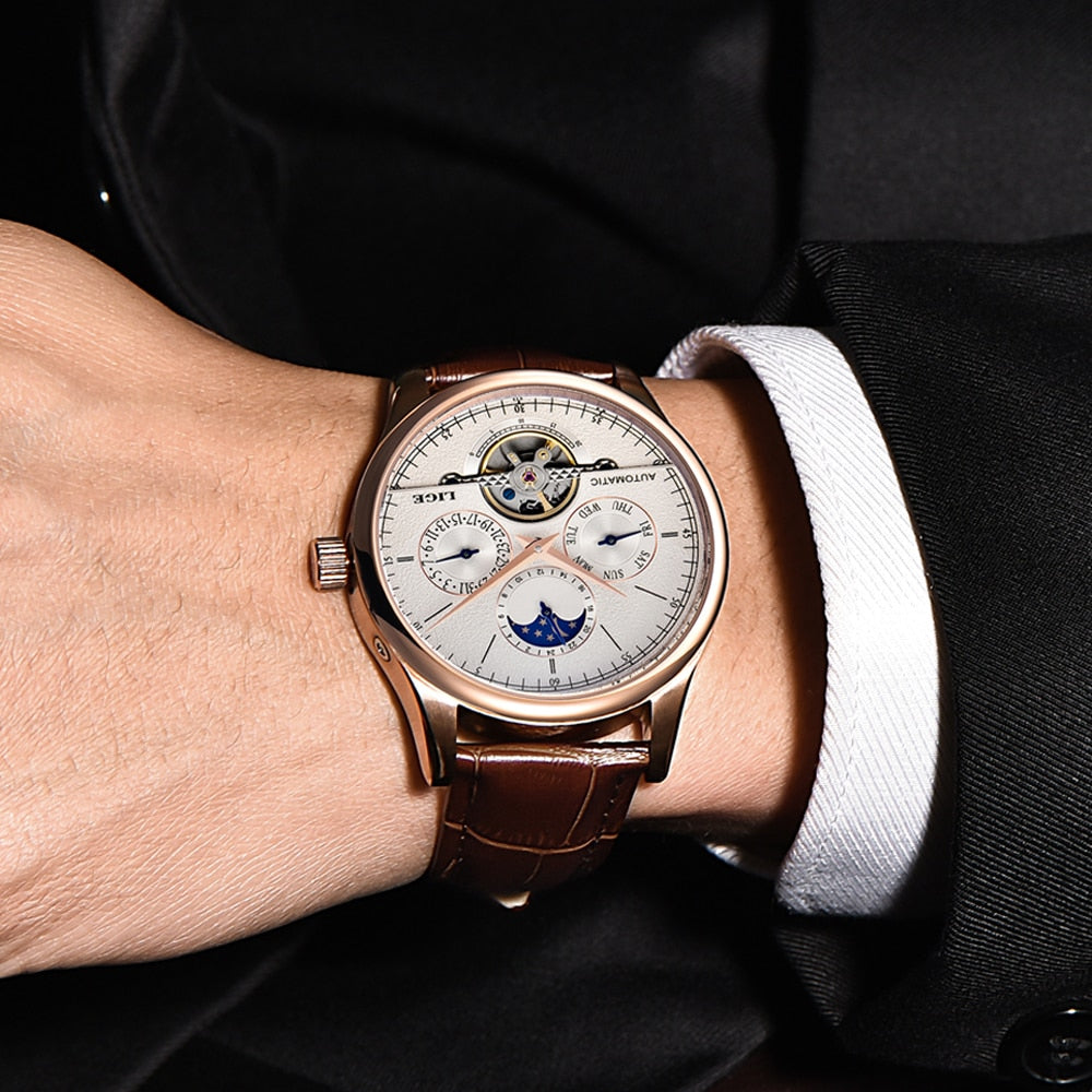 LIGE Brand Men's Watches Automatic Mechanical Tourbillon Leather Band
