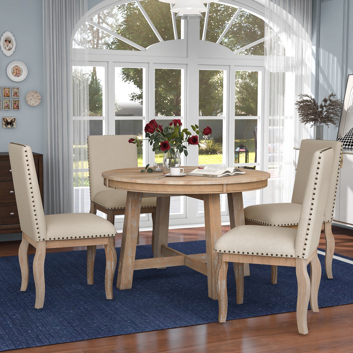 TREXM 5-Piece Farmhouse Dining Table Set Wood Round Extendable Dining Table and 4 Upholstered Dining Chairs (Natural Wood Wash) - LaTezza Online Shop