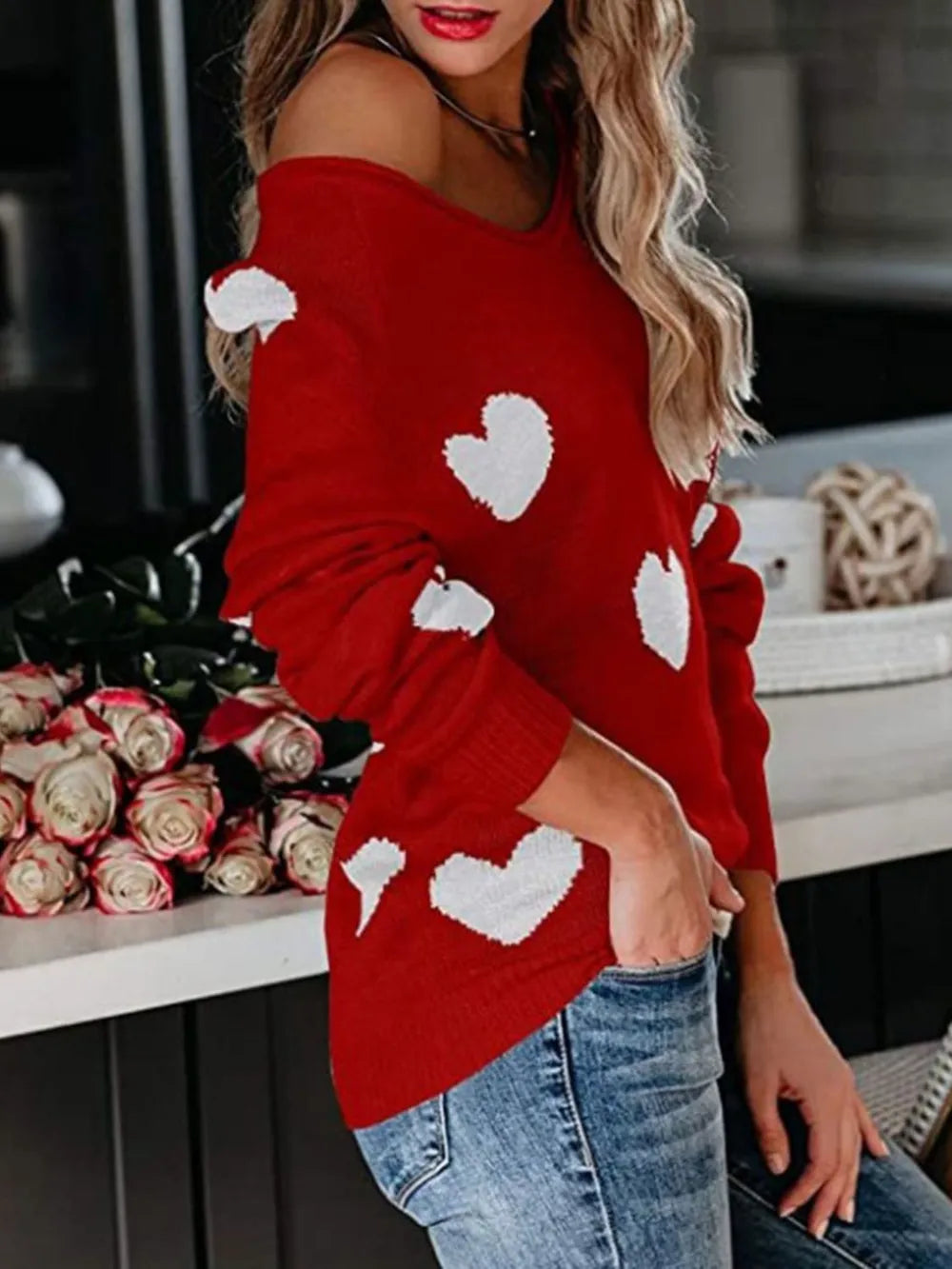 Heart Scoop Neck Long Sleeve Sweater - LaTezza Online Shop