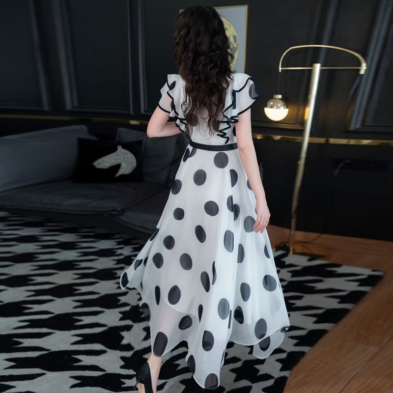 Standing collar ruffled edge waistband single breasted lace up polka dot fairy skirt - LaTezza Online Shop
