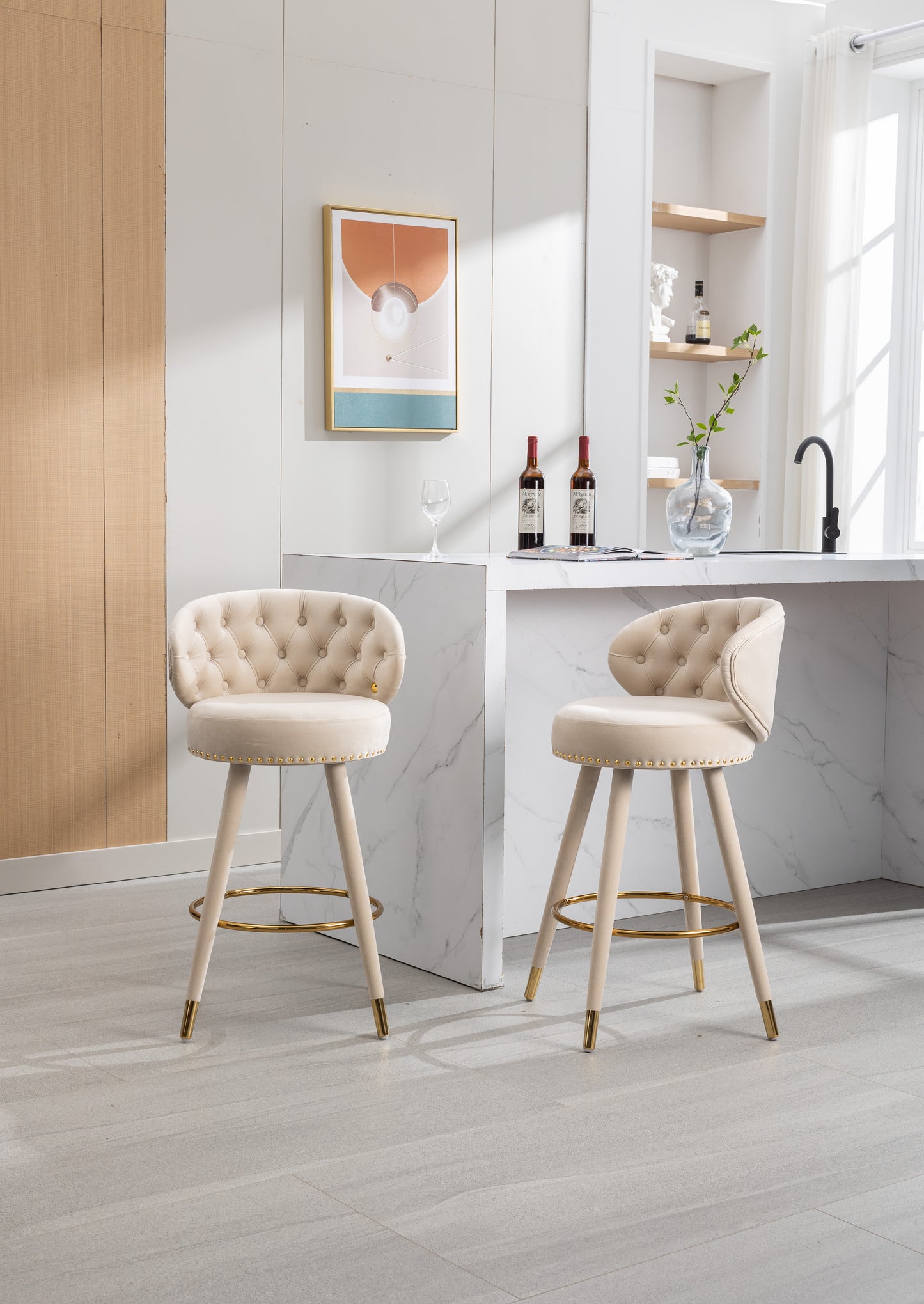COOLMORE Counter Height Bar Stools Set of 2 for Kitchen Counter Solid Wood Legs with a fixed height of 360 degrees Beige - LaTezza Online Shop