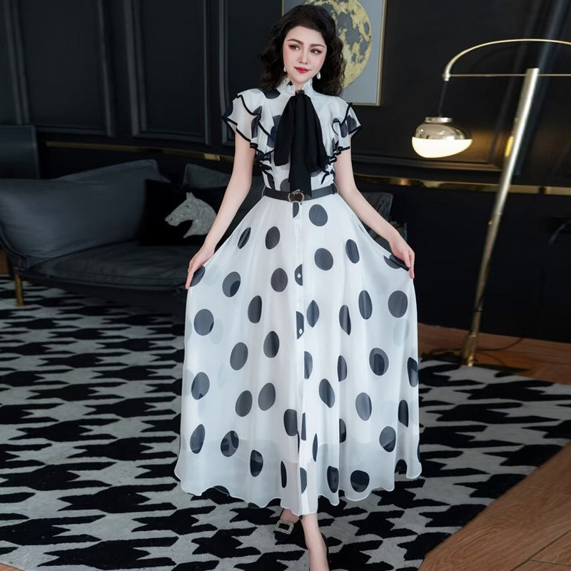 Standing collar ruffled edge waistband single breasted lace up polka dot fairy skirt - LaTezza Online Shop