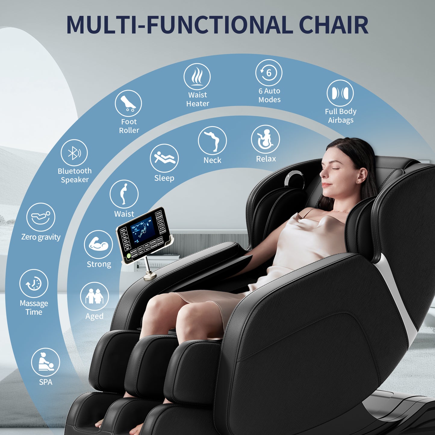 Full body deep tissue massage chair, foot massage, 8 fixed massage rollers, touch screen suitable for 5.1-5.75 feet high (black) - LaTezza Online Shop