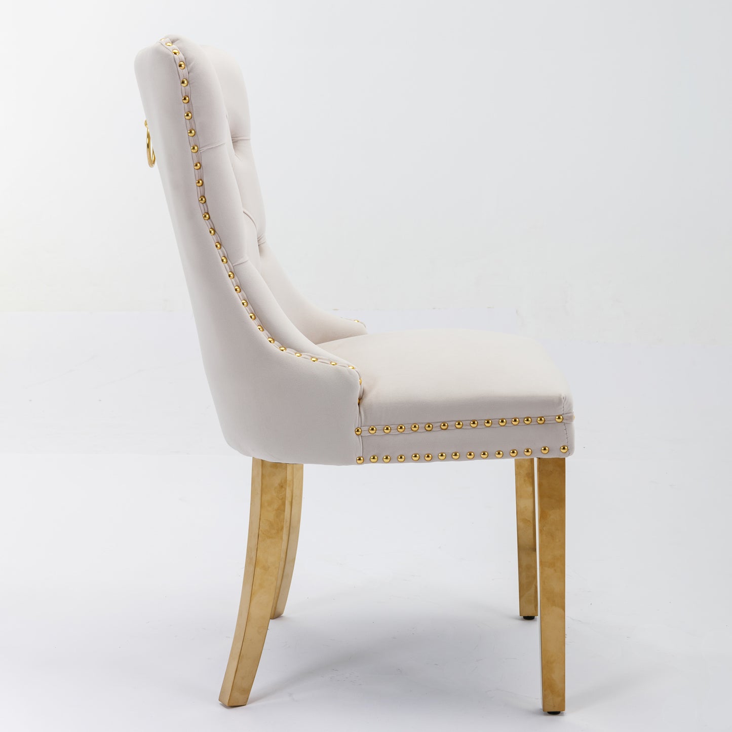 Tufted solid wood velvet soft cushion dining chair gold stainless steel plated leg nail head set of 2 pieces beige and gold - LaTezza Online Shop