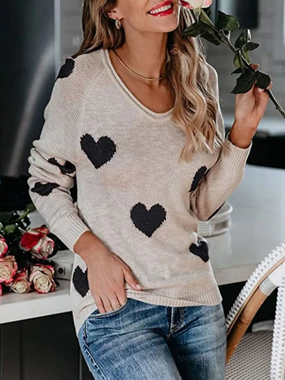 Heart Scoop Neck Long Sleeve Sweater - LaTezza Online Shop