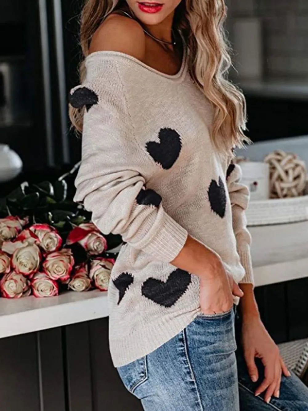 Heart Scoop Neck Long Sleeve Sweater - LaTezza Online Shop