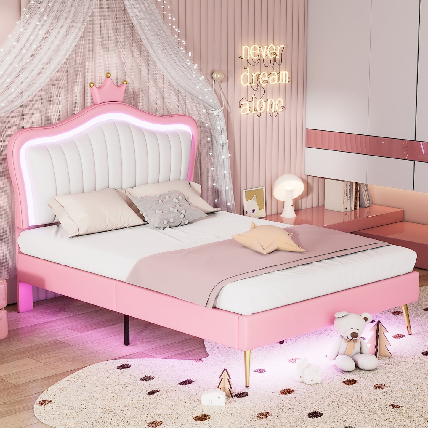 Full Size Upholstered Bed Frame With LED Lights & Crown Headboard - LaTezza Online Shop