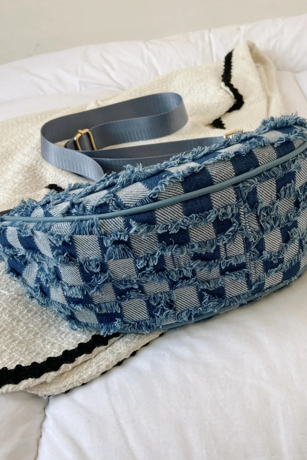 Raw Hem Checkered Denim Crossbody Bag - LaTezza Online Shop