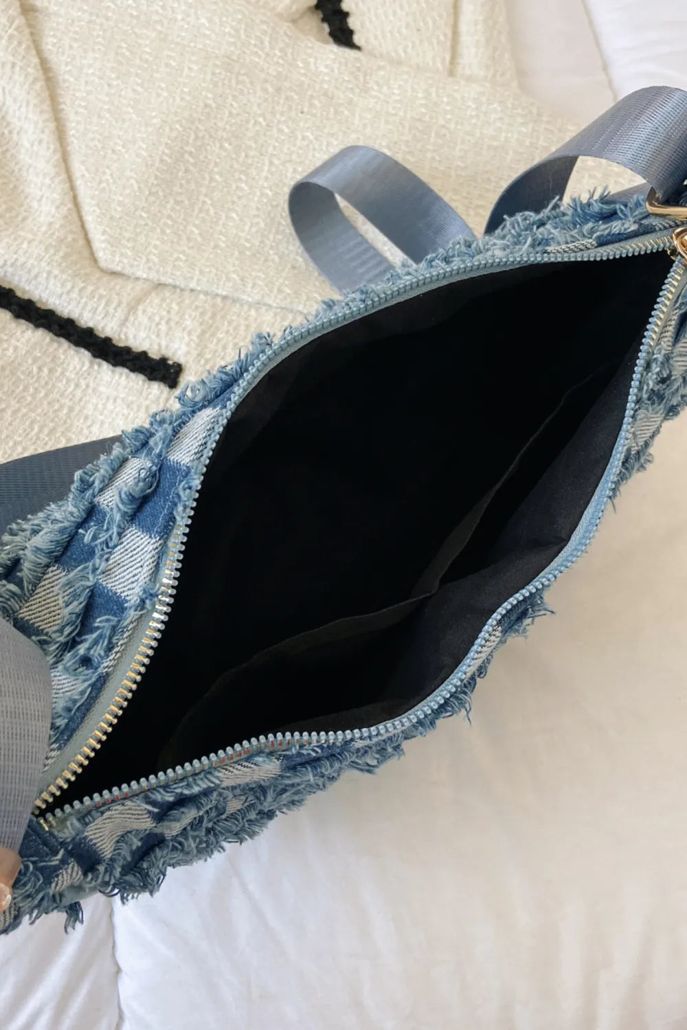 Raw Hem Checkered Denim Crossbody Bag - LaTezza Online Shop