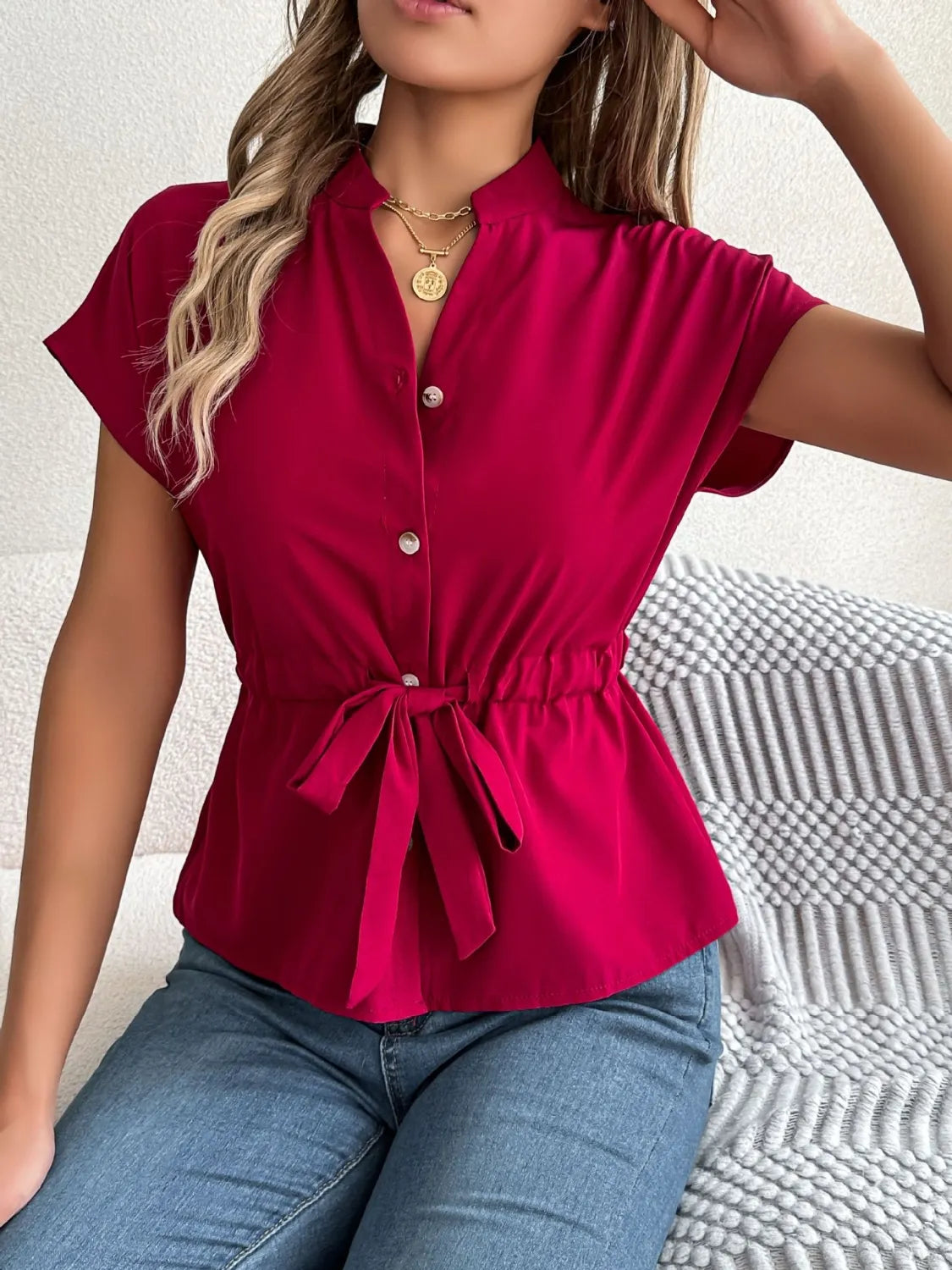 Notched Short Sleeve Blouse - LaTezza Online Shop