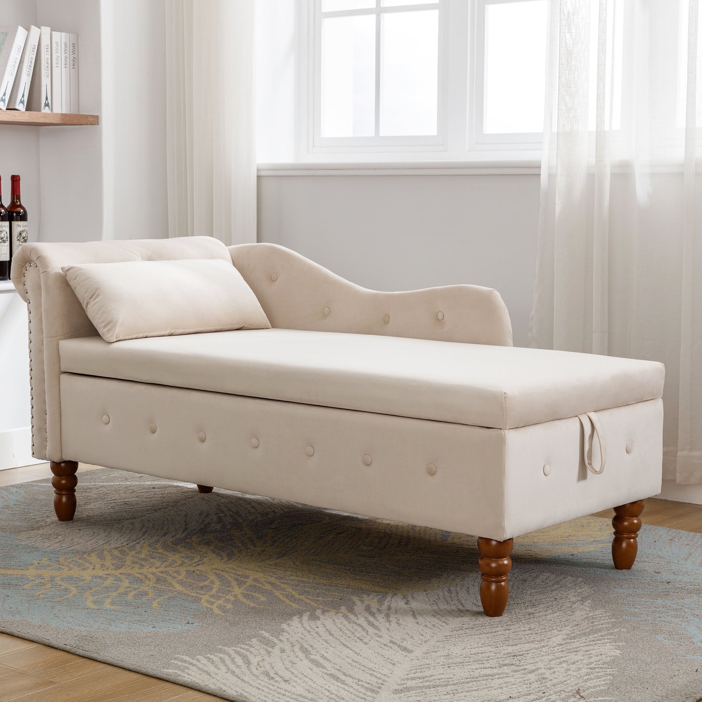 Beige Chaise Lounge Indoor Velvet Lounge Chair for Bedroom with Storage & Pillow Modern Upholstered Rolled Arm Chase Lounge - LaTezza Online Shop