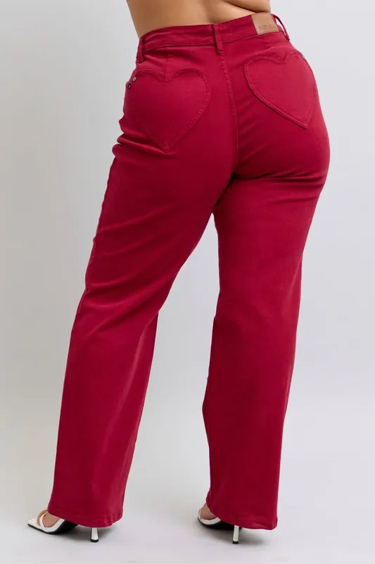 Judy Blue High Waist Straight Red Jeans Heart Shaped Back Pockets 90's Style - LaTezza Online Shop