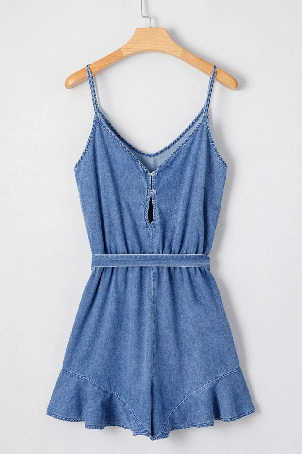 Spaghetti Straps V Neck Belted Ruffled Leg Chambray Romper - LaTezza Online Shop