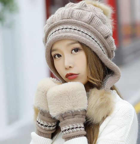 Knit Fleece-Feel Beanie With Ear Flaps & Pompom Warm Winter Hat For Women - LaTezza Online Shop
