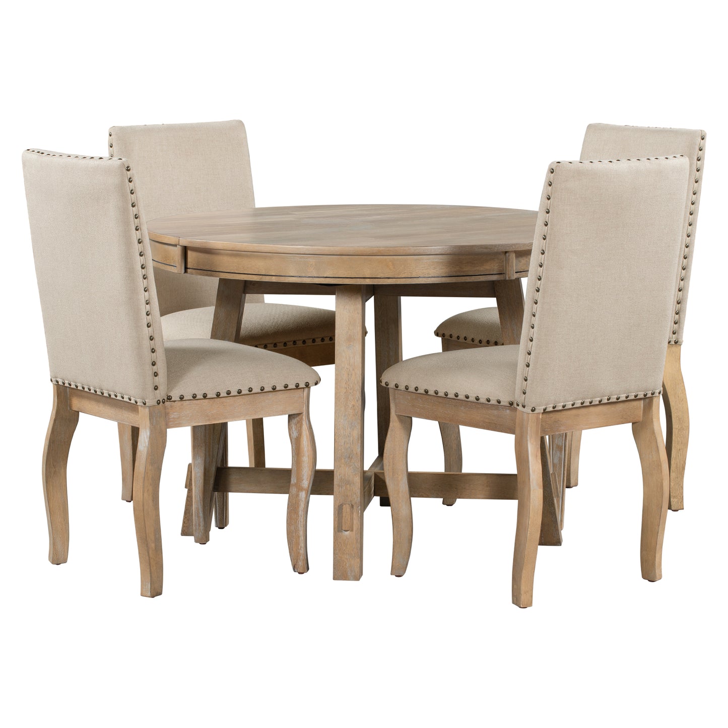 TREXM 5-Piece Farmhouse Dining Table Set Wood Round Extendable Dining Table and 4 Upholstered Dining Chairs (Natural Wood Wash) - LaTezza Online Shop