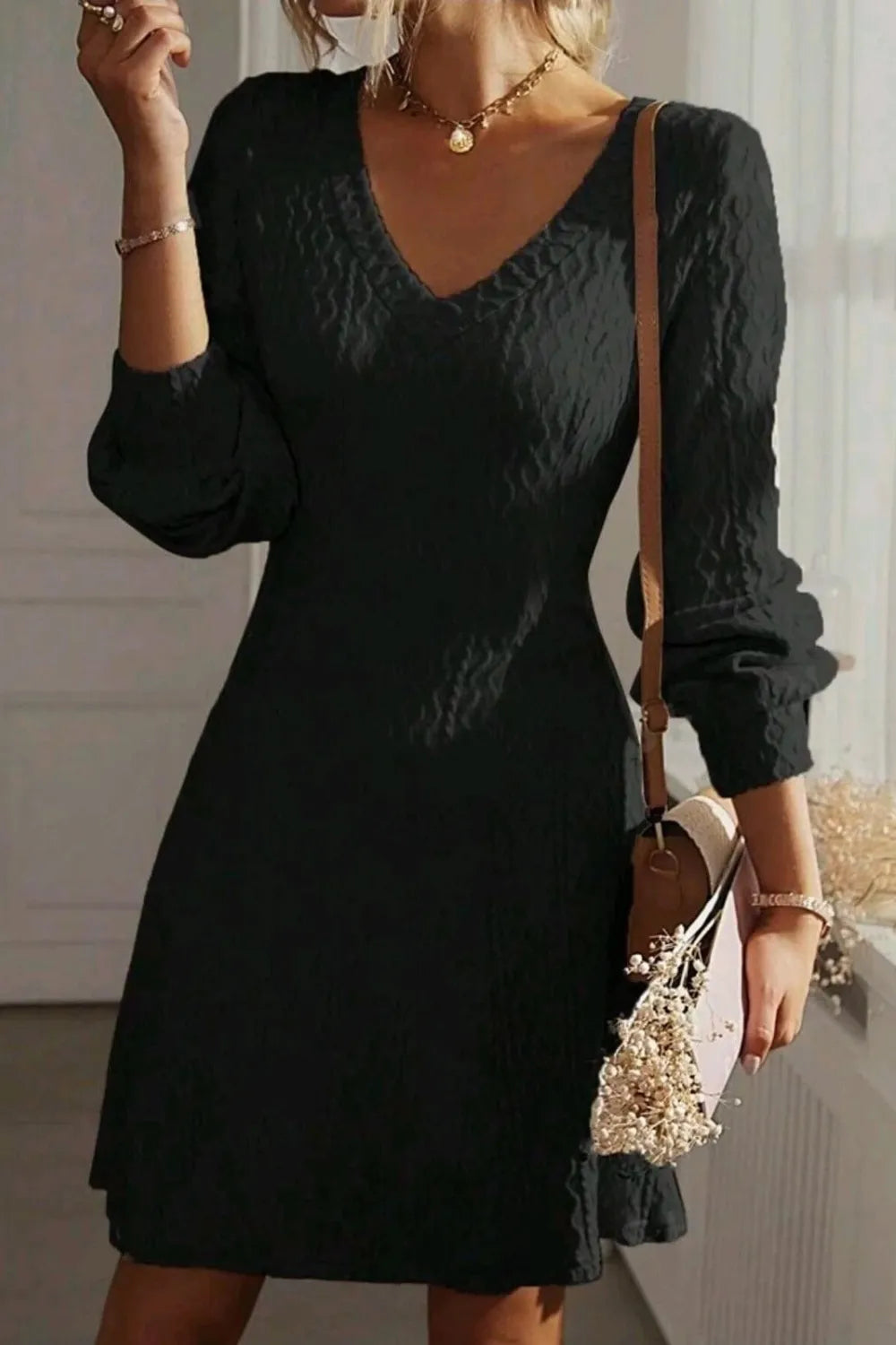 Solid color texture long sleeved elegant French dress women's dress - LaTezza Online Shop