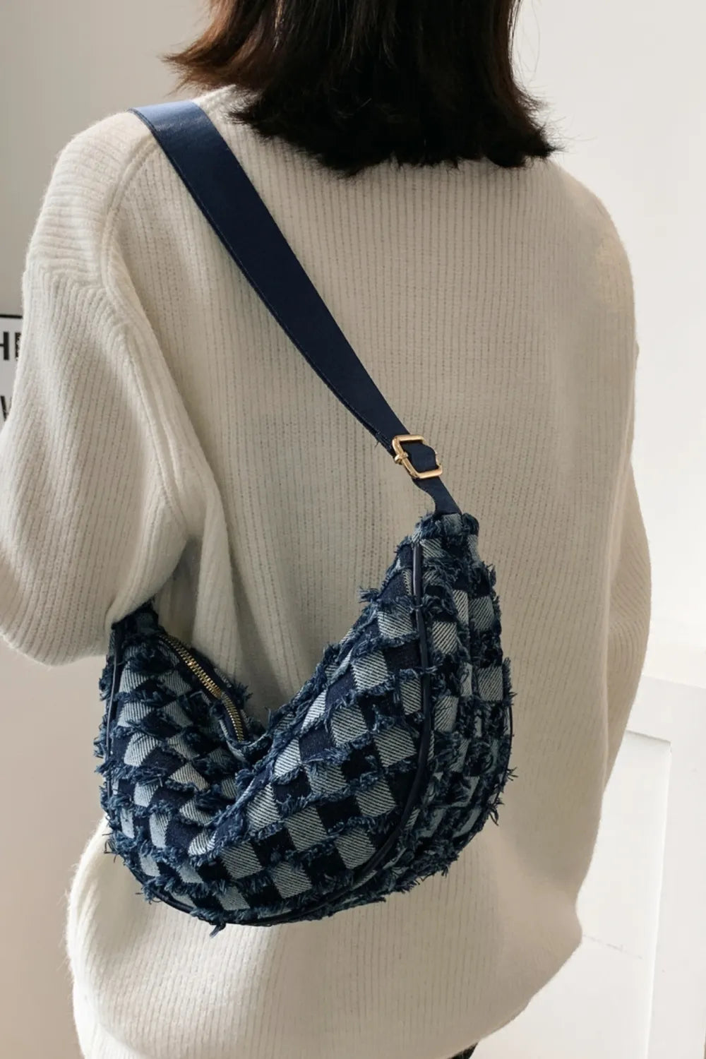 Raw Hem Checkered Denim Crossbody Bag - LaTezza Online Shop