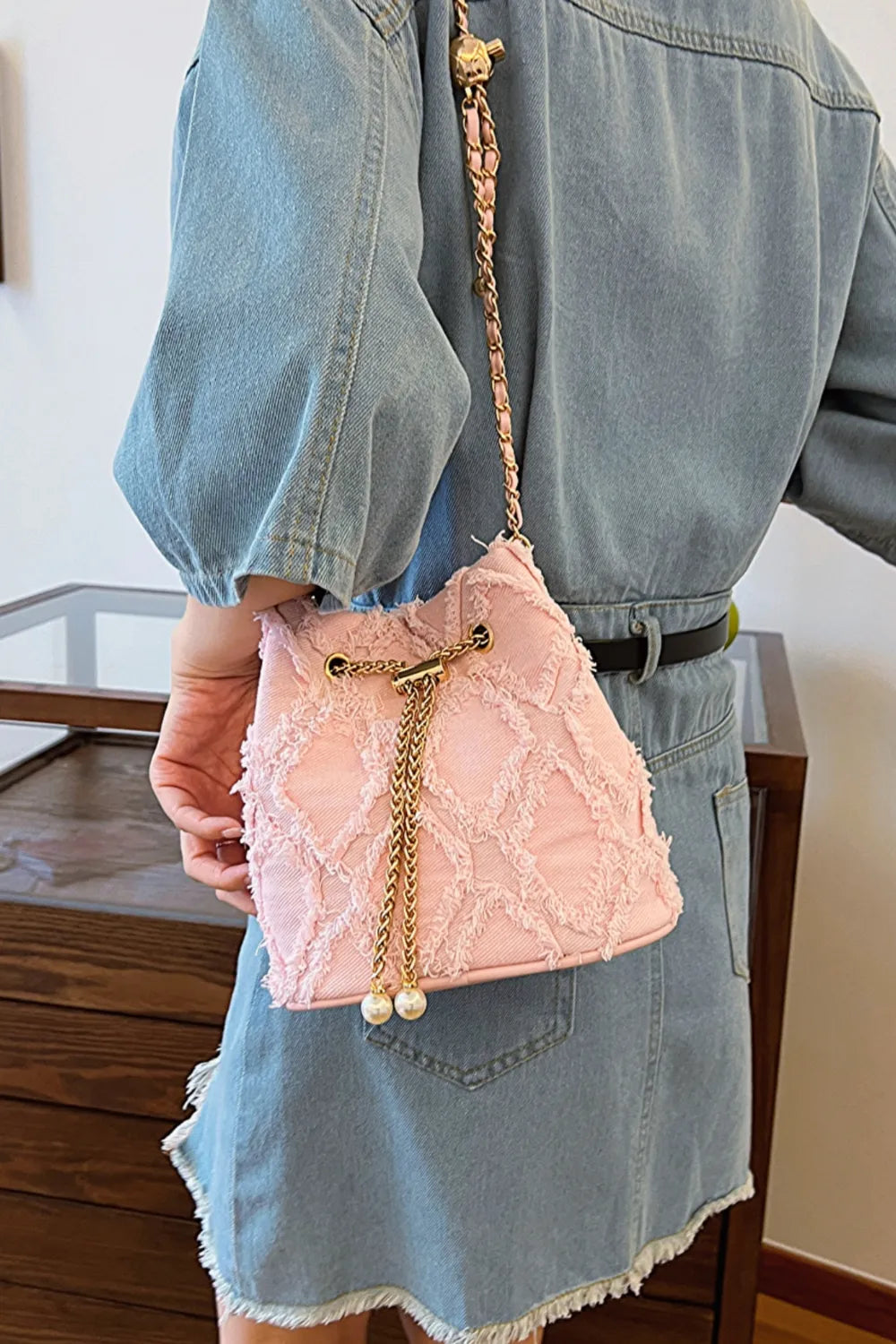 Chain Drawstring Raw Edge Denim Bucket Bag - LaTezza Online Shop