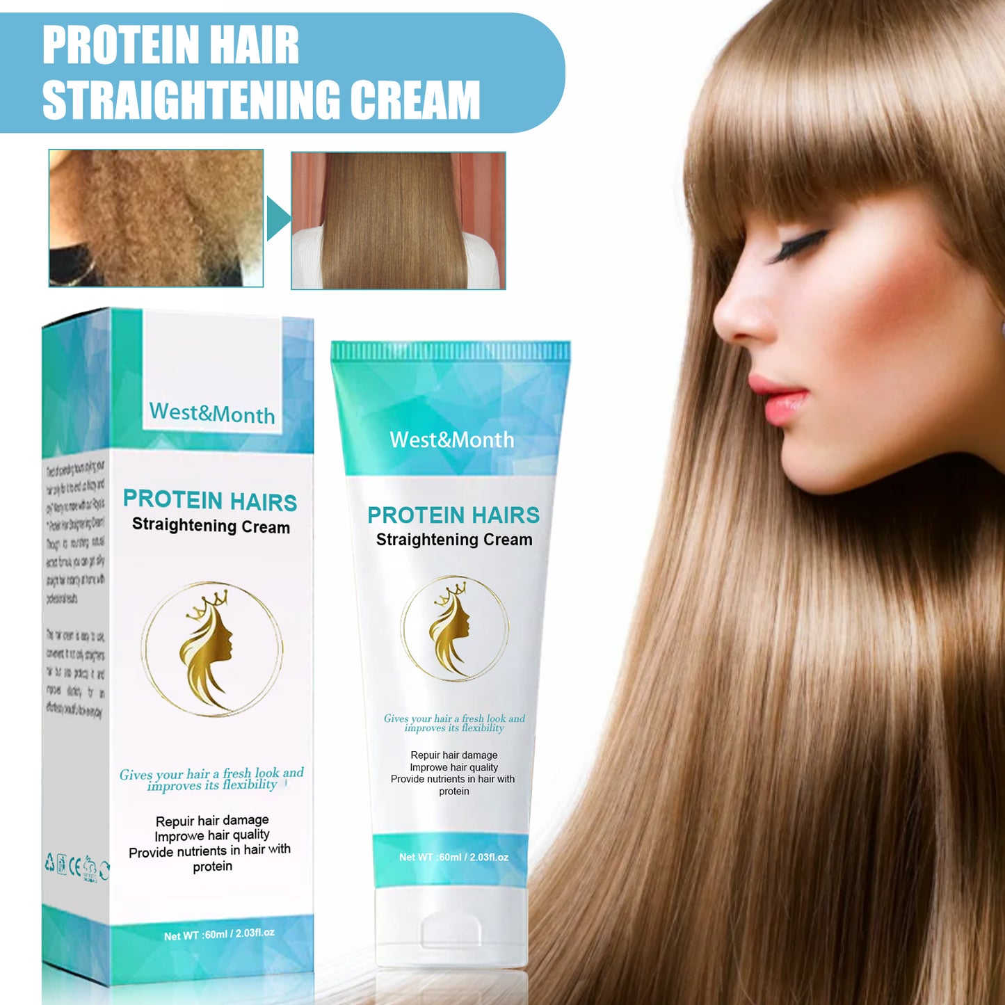 West&Month Protein Hair Straightening Cream Long-lasting Styling Repair Damage Soft Cream